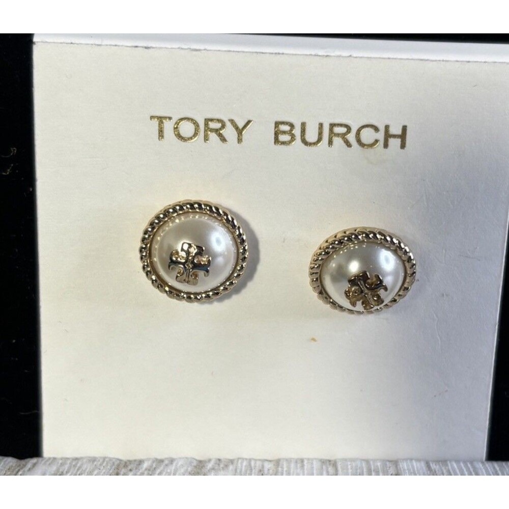 NWT Tory Burch Gold-tone Tory Logo Rope Faux Pearl Women's Earrings Pierced - Picture 2 of 7